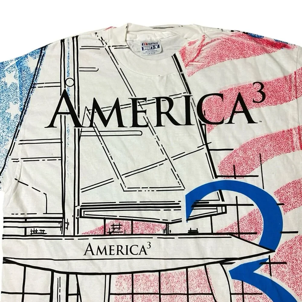 Vintage America’s Cup 1992 T Shirt Mens L White‎ Hanes USA Flag AOP Sailing Tee - Picture 3 of 11